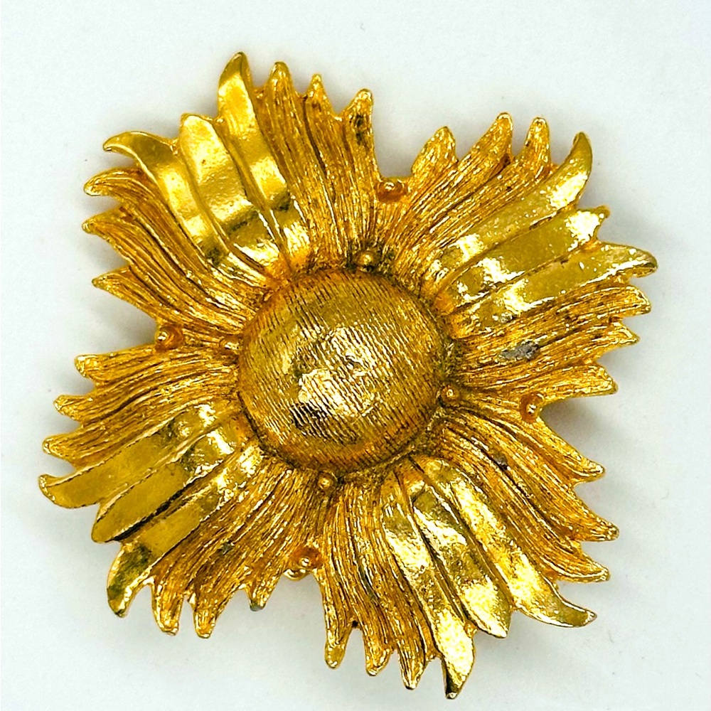 Vintage Gold Tone Brooch Heavy Flower Cross 90s Brass Tone Textured